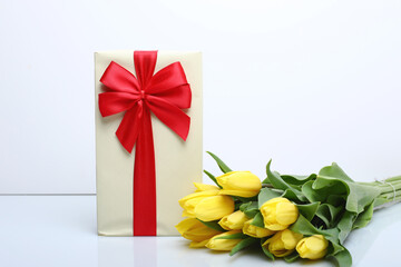 gift box with flower, Spring composition. Delicate yellow tulips and gift on white background top...