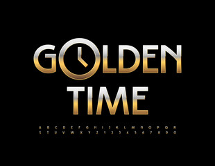 Vector elite template Golden Time with metallic Font. Elegant Alphabet Letters and Numbers set