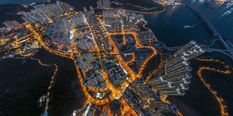Panorama aerial view of Hong Kong crowded building at magic hour
