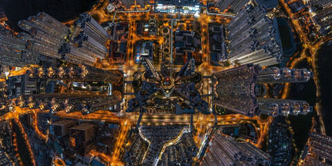 Obraz premium Panorama aerial view of Hong Kong crowded building at magic hour