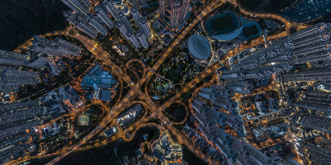 Panorama aerial view of Hong Kong crowded building at magic hour