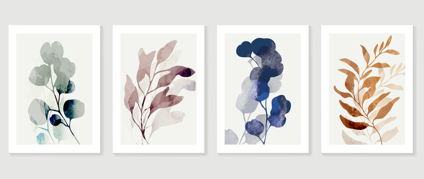 Abstract foliage wall art template. Set of botanical hand drawn wall decoration with branches, leaves, eucalyptus leaf. Watercolor texture design for wallpaper, banner, prints, interior, poster.