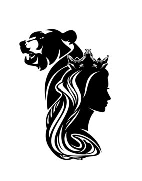 fairy tale queen or princess wearing royal crown with wild bear profile head black and white vector silhouette portrait