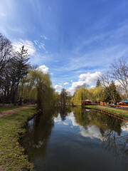 beautiful river in the park with sky reflection and trees in spring