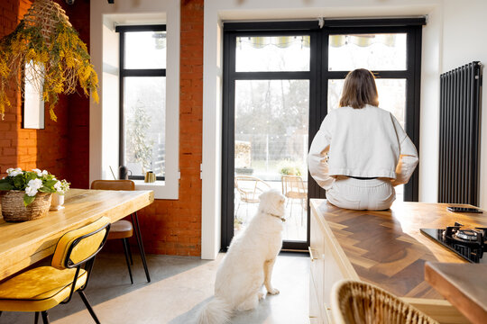 Woman with her dog sits alone and looks out the windows at modern house interior in loft style. Concept of loneliness and home comfort