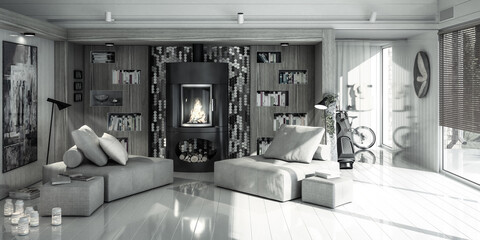 Interior Desing With aSitting Group at Fireplace Inside a Villa - panoramic black & white3D Visualization