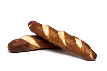 Closeup two bread sticks stacked white background
