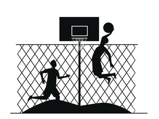 happy young men playing basketball court two team players training fence throwing ball into basket