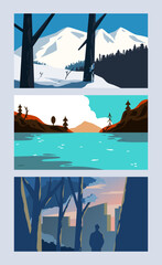 Flat design illustration bundle scenery collection. Vector flat illustration scenery with tree, winter season, people, and city silhouette.