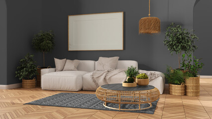 Scandinavian nordic living room in gray tones with parquet floor, frame mockup with copy space, sofa, carpet, lamp, rattan table, potted plants and decors. Modern interior design
