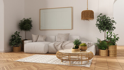 Scandinavian nordic living room in white tones with parquet floor, frame mockup with copy space, sofa, carpet, lamp, rattan table, potted plants and decors. Modern interior design © ArchiVIZ