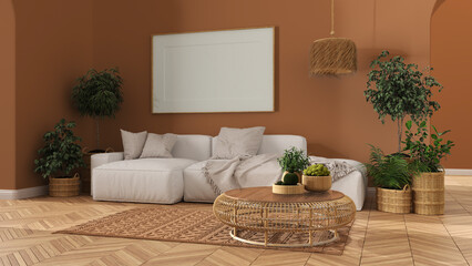 Scandinavian nordic living room in orange tones with parquet floor, frame mockup with copy space, sofa, carpet, lamp, rattan table, potted plants and decors. Modern interior design