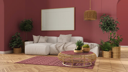 Scandinavian nordic living room in red tones with parquet floor, frame mockup with copy space, sofa, carpet, lamp, rattan table, potted plants and decors. Modern interior design