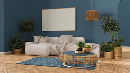 Scandinavian nordic living room in blue tones with parquet floor, frame mockup with copy space, sofa, carpet, lamp, rattan table, potted plants and decors. Modern interior design