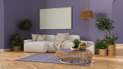 Scandinavian nordic living room in purple tones with parquet floor, frame mockup with copy space, sofa, carpet, lamp, rattan table, potted plants and decors. Modern interior design