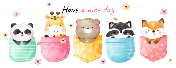 Draw banner cute animal in pocket Watercolor style