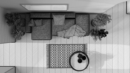 Unfinished project draft, scandinavian nordic living room, parquet floor, sofa, carpet, lamp, rattan table, potted plants and decors. Modern interior design, top view, plan, above