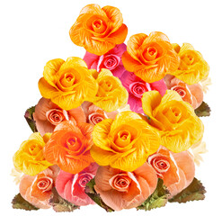 artificial orange and pink rose flowers isolated on a white background.