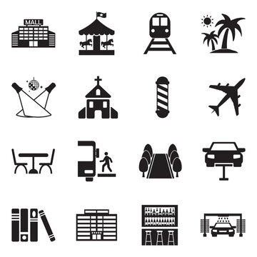 Places Icons. Black Flat Design. Vector Illustration.