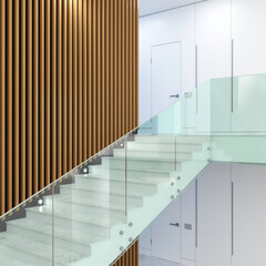 Modern staircase with glass railings in interior