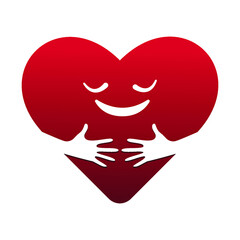 cute cartoon heart character hug. Kawaii heart with hugging arms. Self care and happiness vector illustration