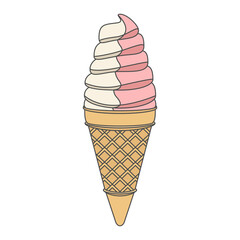 Hand drawn style vector illustration of strawberry vanilla swirl soft serve ice cream cone isolated on background.