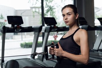 Young fit woman practicing back muscle exercise in horizontal rowing cable exercise machine in the gym.