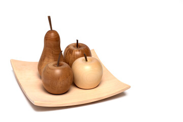 wood turned apples pear plate white background