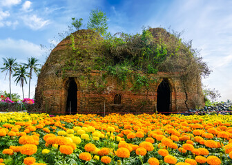Flower farm next to an old brick kiln in Ben Tre province, Vietnam