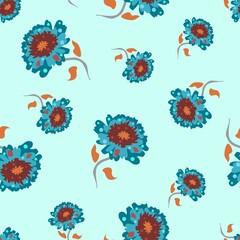 Turquoise blue scattered flower art vector seamless repeat pattern with orange and red elements on a pale blue background