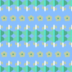 Fun flower graphic art vector seamless repeatable pattern in blue, green and beige