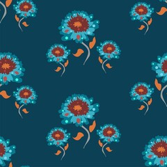 Vibrant blue and red flowers vector repeat pattern with polka dots and orange elements on a navy background
