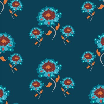 Vibrant Blue And Red Flowers Vector Repeat Pattern With Polka Dots And Orange Elements On A Navy Background