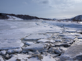 Wintry lanscapes with frozwn fjords near the town of Kirkenes near the Russian border, Norway