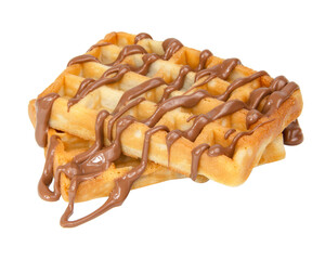 Belgian waffles with chocolate syrup baked tasty isolated on the white background