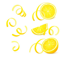 Pieces of lemon fruit with twisted zest (peel) isolated on white background. Realistic vector illustration.  - obrazy, fototapety, plakaty