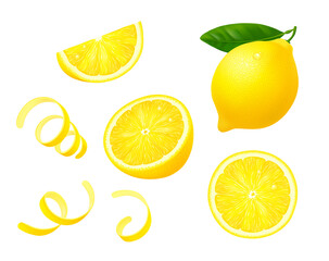 Whole lemon fruit with leaf, slices and twisted zest (peel) isolated on white background. Realistic vector illustration.  - obrazy, fototapety, plakaty