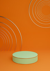 Neon orange, bright red 3D rendering minimal product display luxury cylinder podium or product background abstract composition with golden lines and circles
