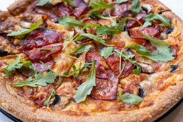 Close up salami pizza with mushrooms and arugula leaves.