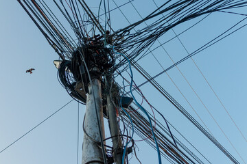 Electricity poles with overcrowded wires and distribution box in India.