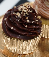 Closeup of chocolate frosting, cupcake in gold cupcake liner with nut toppings, and iced pastry.  Delicious desserts confectionery concept, chocolate epicure theme