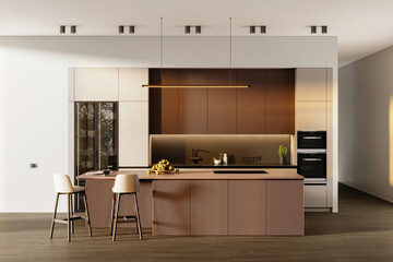 Modern elegant kitchen interior with color kitchen cabinets, white walls and wooden floor.  Minimalistic design. 3d image, 3d render - 499256915