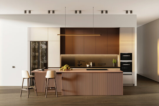 Modern elegant kitchen interior with color kitchen cabinets, white walls and wooden floor.  Minimalistic design. 3d image, 3d render