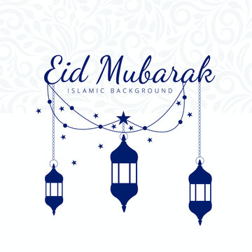 Creative eid festival greeting design with star moon lantern and Islamic background