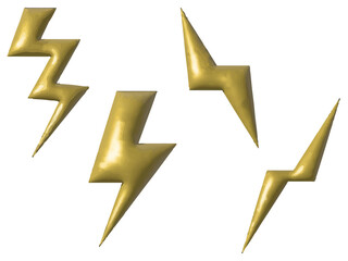 雷、電波のセットイラスト、立体3Dゴールドメタリックテクスチャー