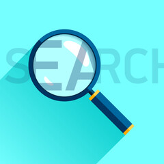 Search loupe icon in flat style, magnifying glass on color background. Search zoom text. Vector design object for you project 