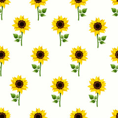 Vector seamless pattern with yellow sunflowers with stems on a white background