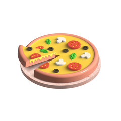 3d slice of pizza with mushrooms, olives, tomatoes, and basil on a wooden board. Isolated illustration on a white background.