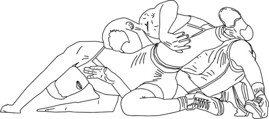 Outline sketch drawing of indian wrestling, line art illustration of wrestling players