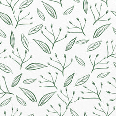 seamless hand draw green leafs pattern on paper background, classic greeting card